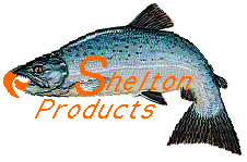 Picture of shelton Products logo, a arched salmon with a yellow hooked eagle jaw.